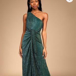 Lulu’s Glamorous Glitz Shiny Teal Green One-Shoulder Maxi Dress- NWT never worn